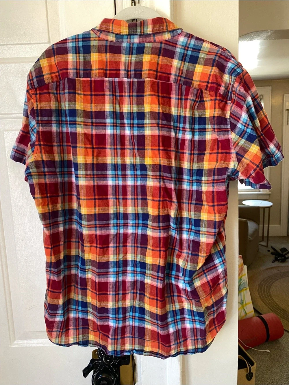 J Crew LINEN Slim Plaid Short Sleeve Button Collar Shirt Pockets  Mens XL